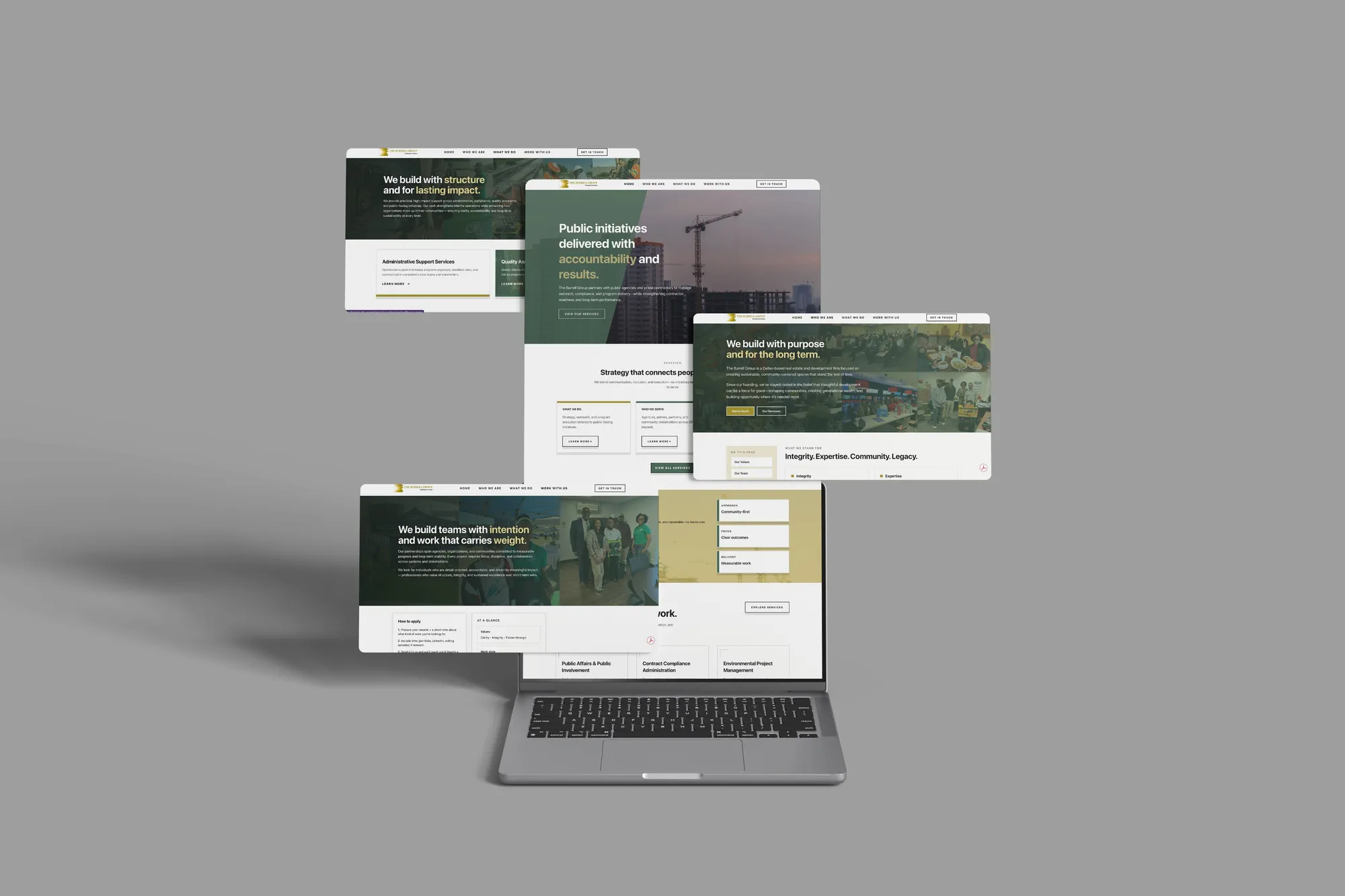 Five pages of The Burrell Group website floating above a laptop