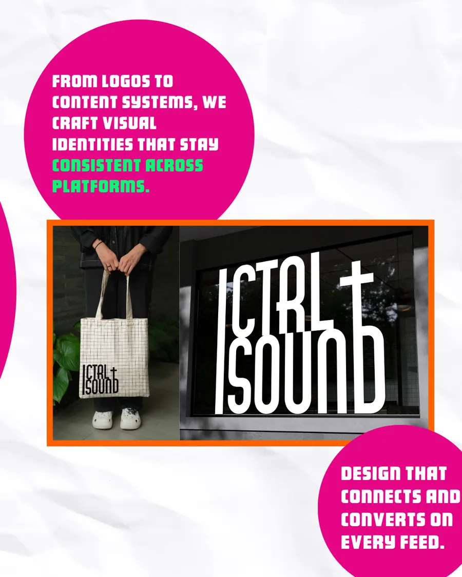 Branding slide with the Ctrl + Sound logo on a tote bag and a sign: “From logos to content systems, we craft visual identities that stay consistent across platforms.”