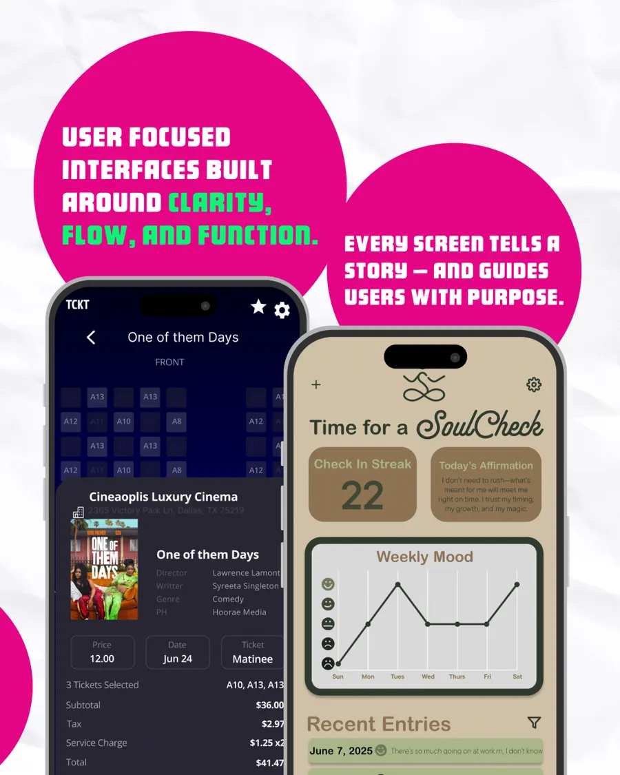 UX slide with the TCKT ticketing app and SoulCheck app on phones: “User focused interfaces built around clarity, flow, and function.”