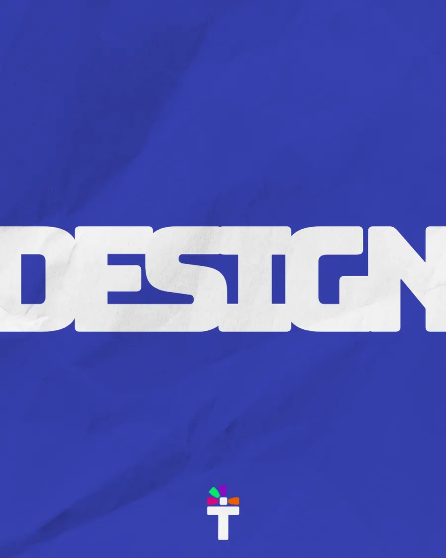 The word “DESIGN” in heavy white letters on blue with the Thrive mark below