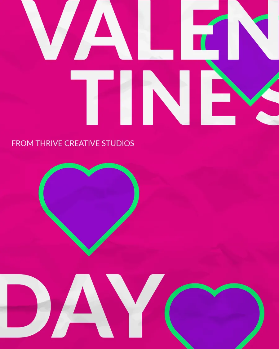 Magenta Valentine's Day post from Thrive Creative Studios with purple and green outlined hearts
