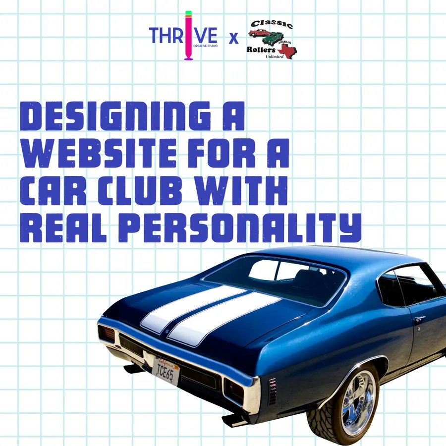 Classic Rollers slide: “Designing a website for a car club with real personality” beside a blue classic muscle car
