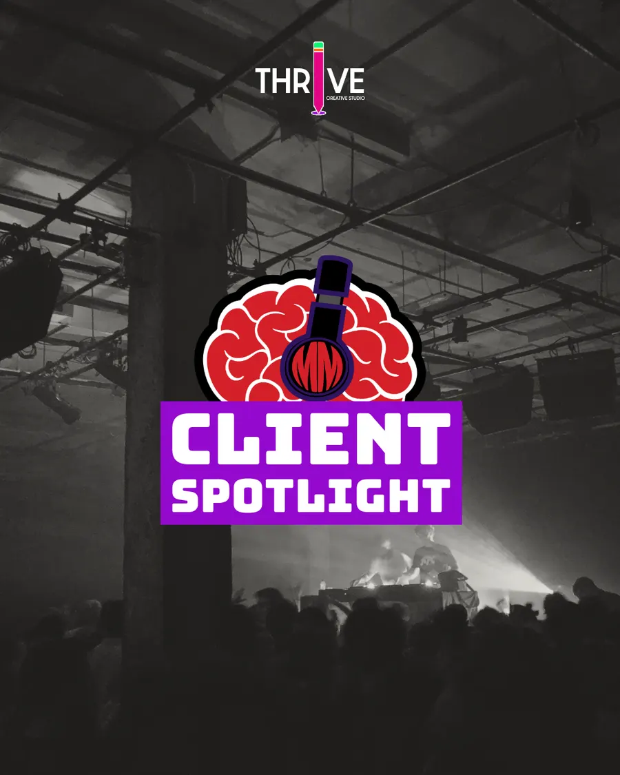 “Client spotlight” cover slide with the Mastamind brain-and-headphones logo over a black-and-white concert crowd