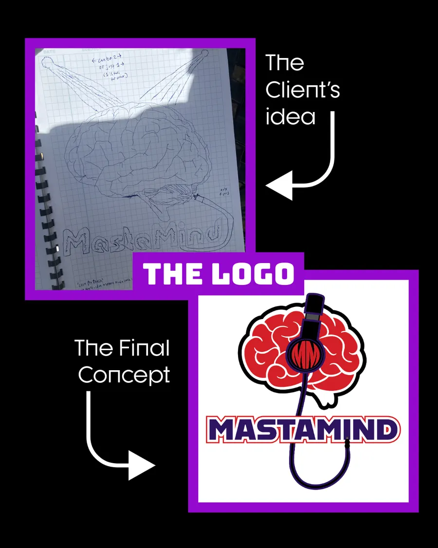 Mastamind slide comparing the client's notebook sketch with the final logo