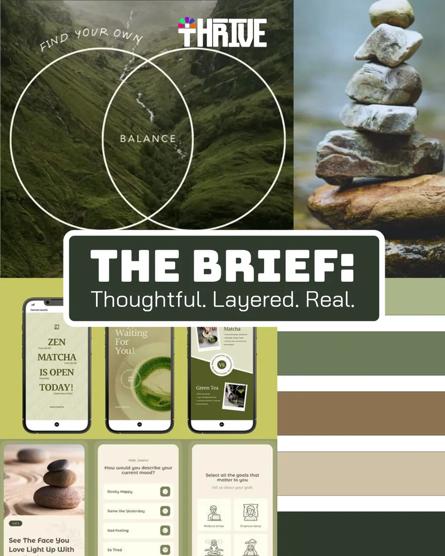 SoulCheck slide “The brief: Thoughtful. Layered. Real.” with a mood board of green landscapes, stacked stones and app screens