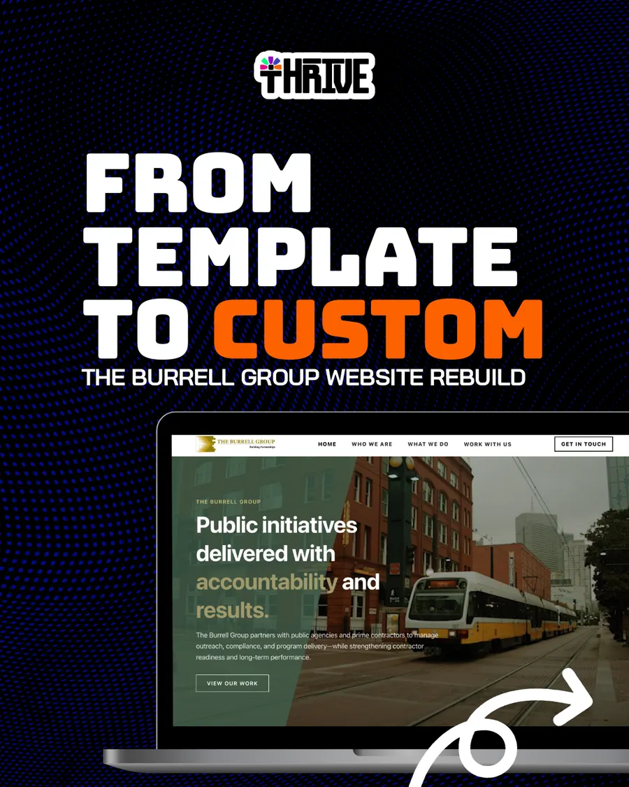 Carousel slide: “From template to custom: The Burrell Group website rebuild” above a laptop showing the new home page