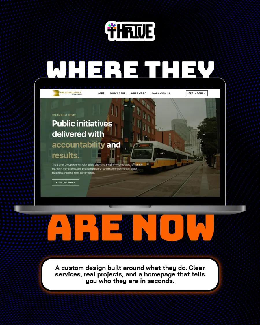 Carousel slide: “Where they are now” with the new custom home page on a laptop