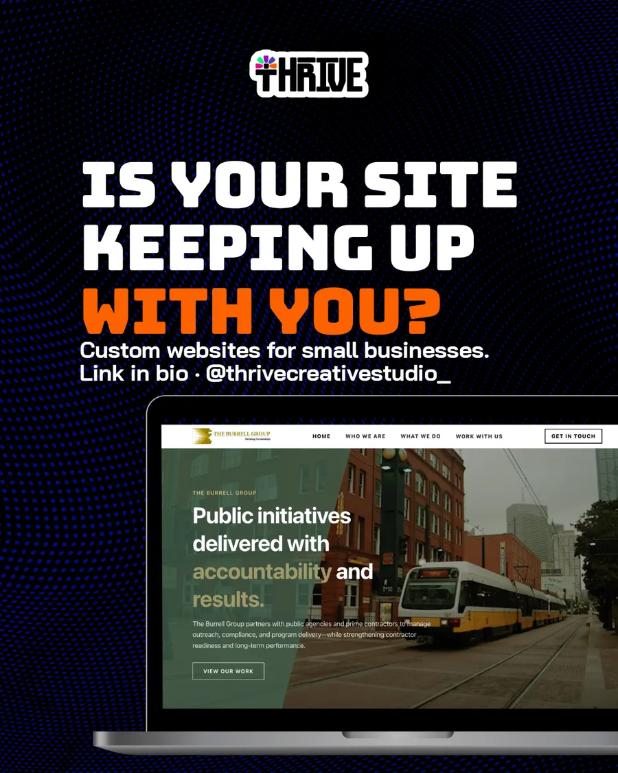 Carousel slide: “Is your site keeping up with you? Custom websites for small businesses. Link in bio · @thrivecreativestudio_”